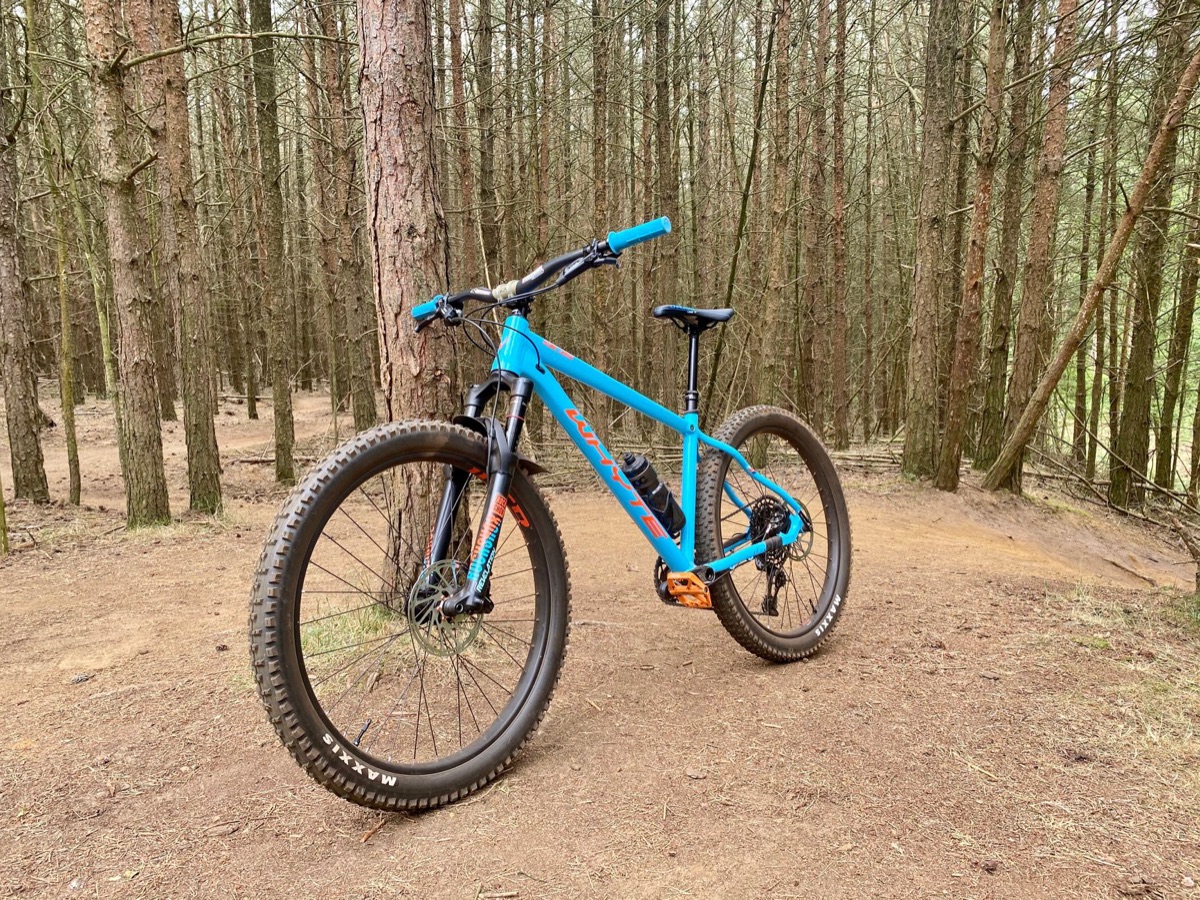 Blue Whyte alloy trail hardtail with a RockShox fork, dropper post, and Maxxis tires parked on a forest fire road.