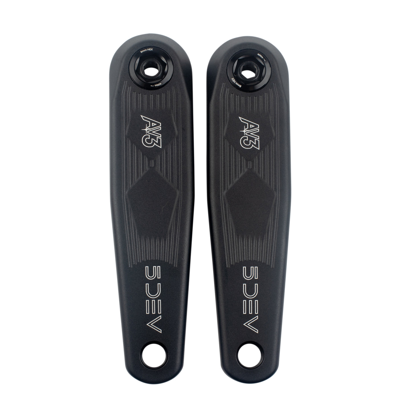 A pair of black 5DEV AV3 crank arms showing the grooved arm faces, the AV3 logo and the 5DEV wordmark.