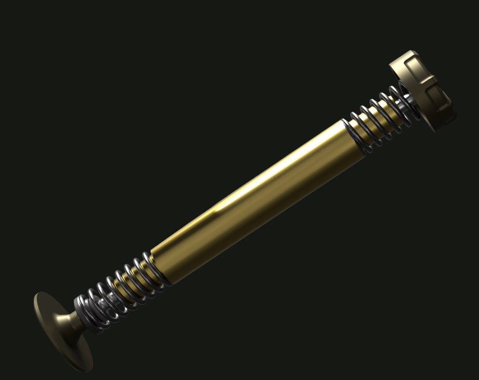 The Rimpact TMD V2: a polished brass cylinder with a coil spring and a retaining cap at each end.